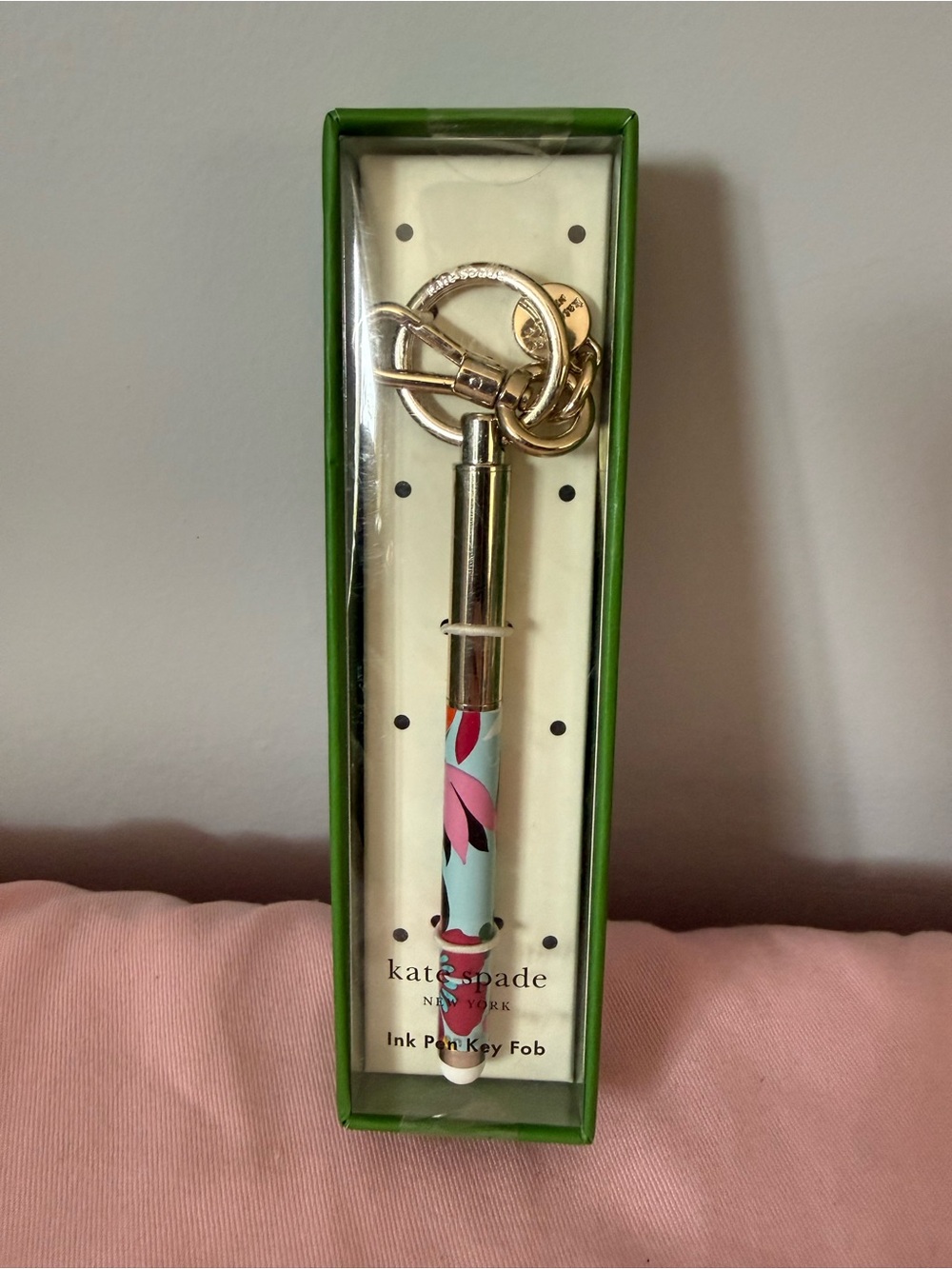 Kate Spade Floral Ink Pen Key Fob with Gold Hardware